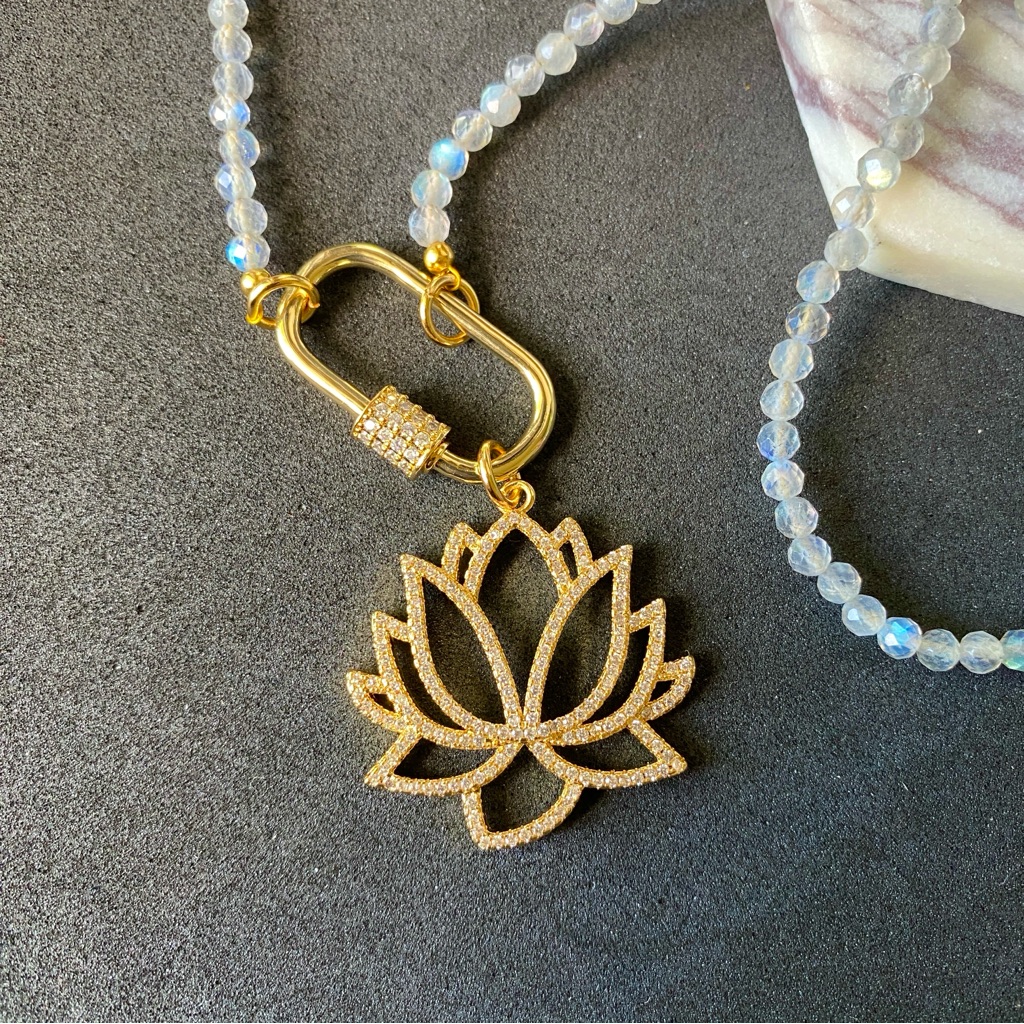 Lotus Flower Necklace Pendant And Labradorite Necklace Carabiner Front Clasp